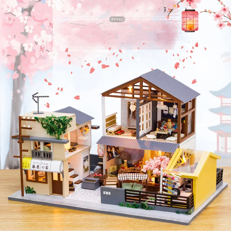 

DIY Japanese Izakaya Cherry blossoms tiny doll houses of cb dollhouse kit furniture big Bistro miniature casa toys for girls