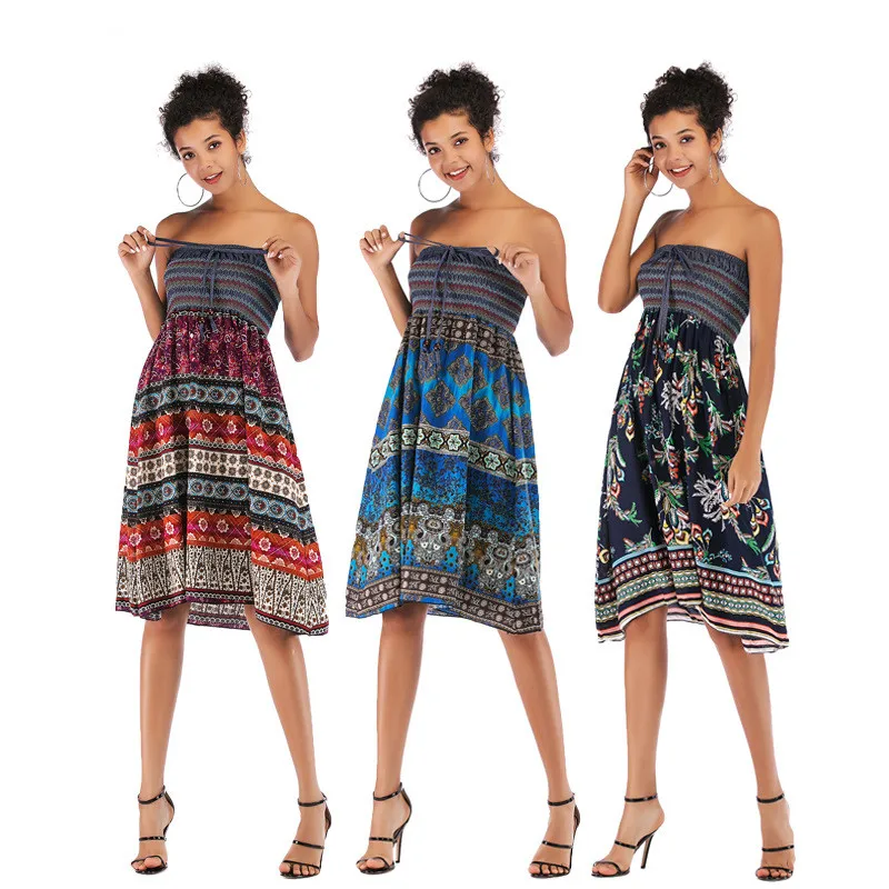 

Bossimi Eurasian print one-line collar elasticated strapless dress for women