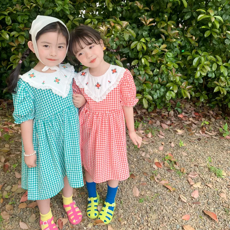 

Summer New Arrival korean style girl's dress short sleeve with Lace embroidery collar princess dress for cute baby girls