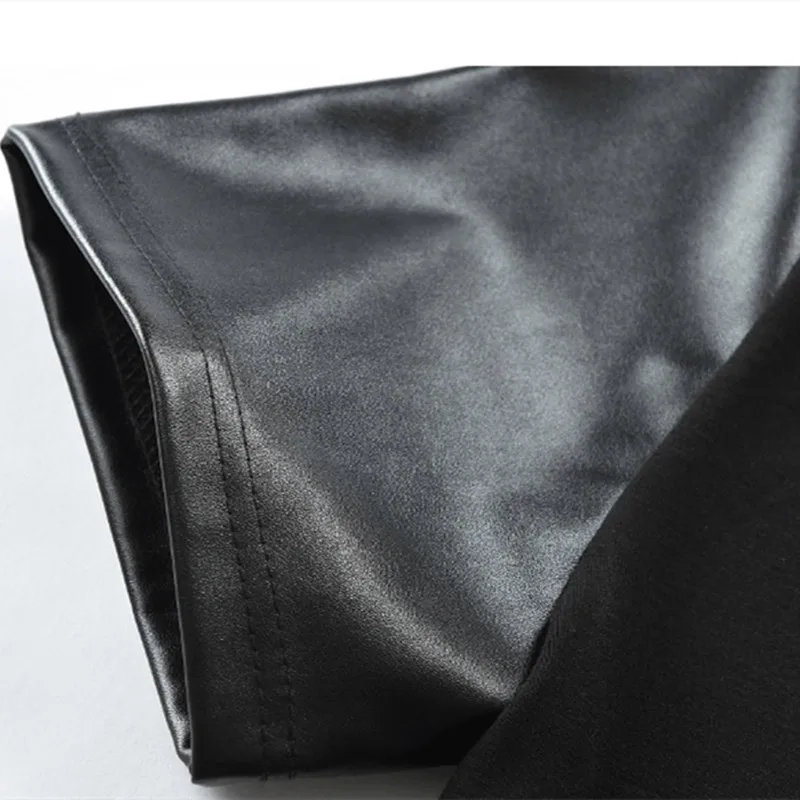 Men irregular design leather patchwork hip hop long t shirt black color short sleeve tee shirts man nightclub punk stage tshirt | Мужская