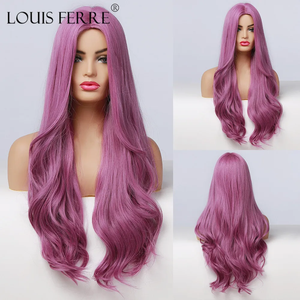 Длинный фиолетовый женский парик для косплея LOUIS FERRE, Модные Цветные Популярные синтетические парики волнистых волос, термостойкие волосы из волокна для вечерние - изображение