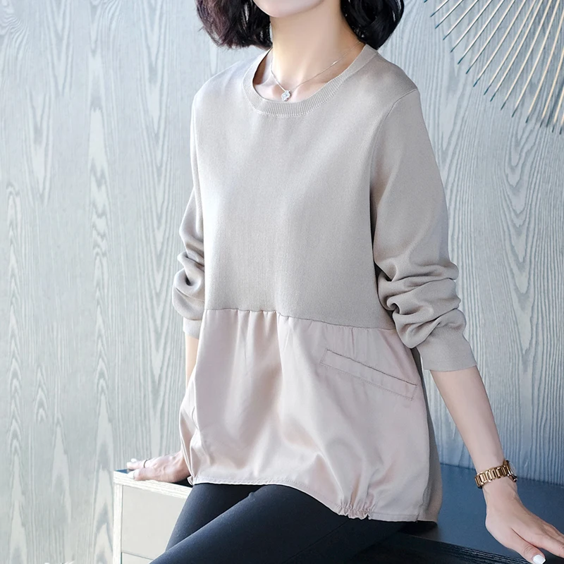 

Autumn Korean Shirt Women Plus Size Tops O Collar Long Sleeve Thin Stitching Knit Womens Shirt Tops Ladies Blouses