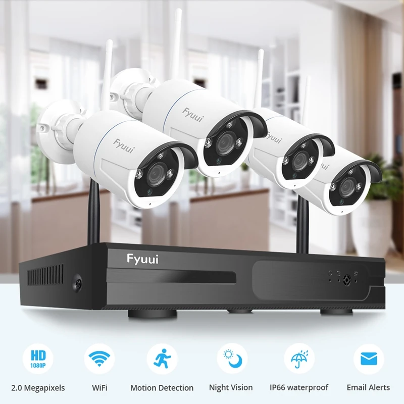 Fyuui 1080P 8CH Беспроводной Wi-Fi видеокамера с Камеры Скрытого видеонаблюдения Системы, H.265+ NVR с 4/8 шт. 2MP пуля Камера 2-М), двусторонняя аудиосвязь, автоматическое соединение
