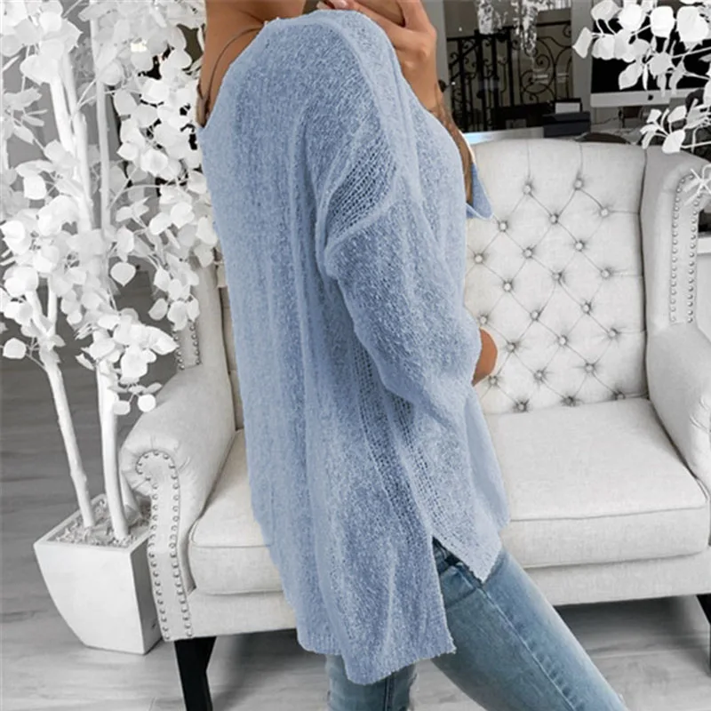

ELSVIOS Plus Size V-neck Knitted Shirt Women Blouses 2019 Autumn Casual Long Sleeve Tops Pure Color Streetwear Fashion Blusa 3XL