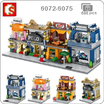 6072-6075 Sembo Mini City Street, кофейная пицца, хижина, магазин, ресторан, Китай, городской набор, 3D модель, блоки, строительные игрушки для детей, без коробки - Цвет: 6072-6075