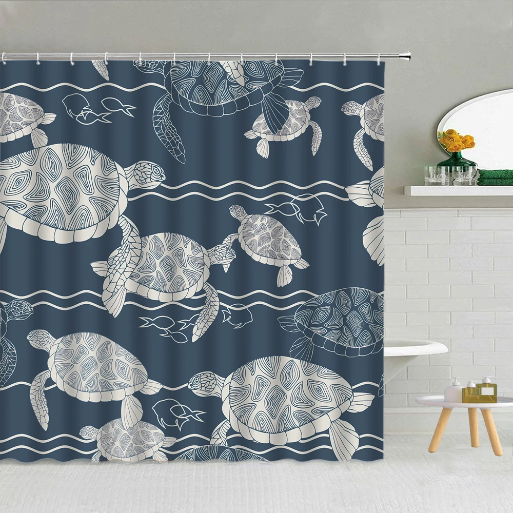 

Funny Marine Life Ripple Shower Curtains Octopus Sea Turtle Blue Waves Backdrop Bathroom Decor Home Waterproof Fabric Curtain