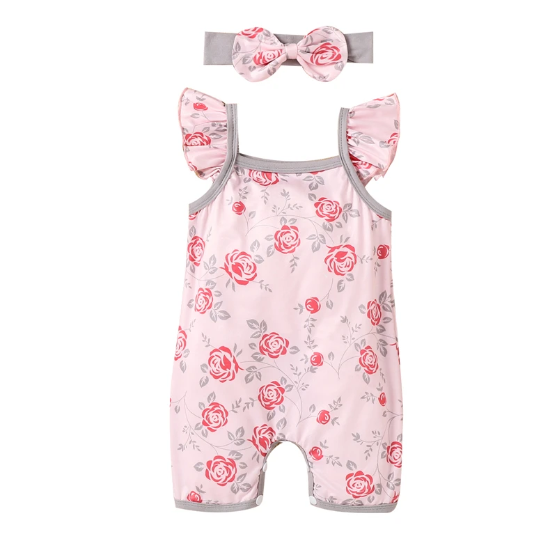

Boutique Newborn Rose Print Outfits Baby Girls Fly Sleeve Square Collar Romper + Bowknot Headband Rompers Toddler Girls Outfits