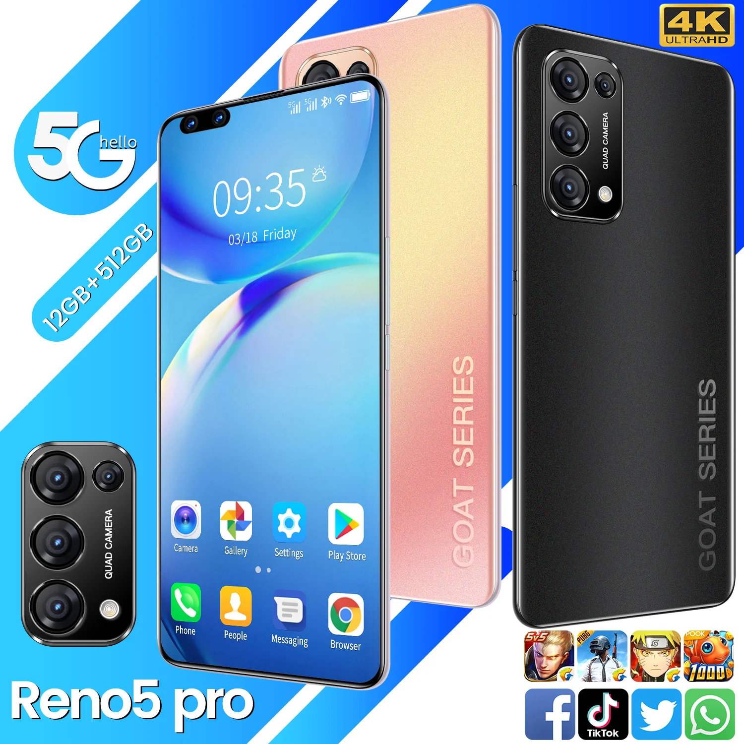 

Reno5 Pro 7.3 Inch Smartphones Android10 Face wake Memory 12GB +512GB Camera 16MP+28MP 5000mAhDual SIM Card 5G Global Version