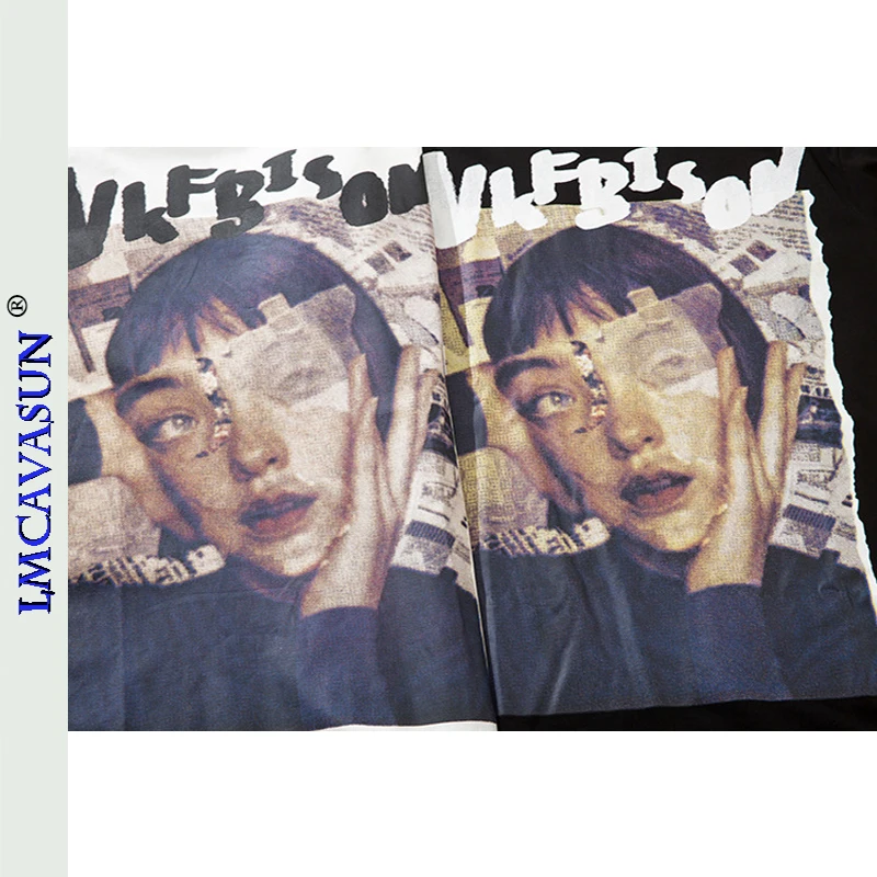 

LMCAVASUN INS High Street Retro Girl Portrait Print Short-Sleeved T-Shirt Men Trendy Hip-Hop Street Oversize Half Sleeve Top