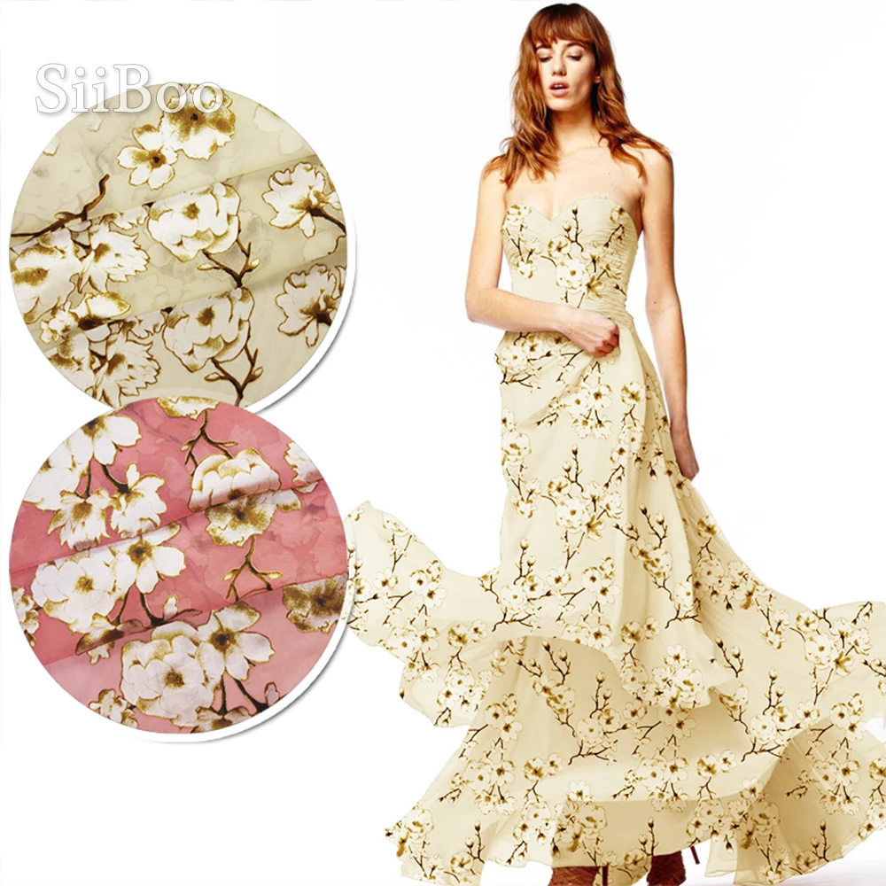 Модная абрикосовая и розовая одежда из нейлона с принтом камелии шелковая ткань