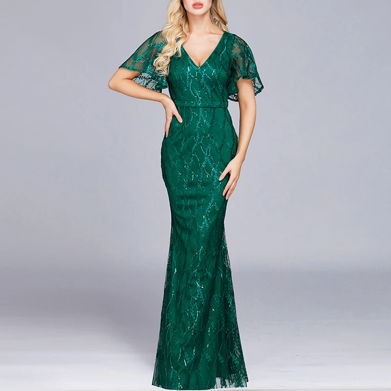Однотонное вечернее платье с пайетками и вышивкой зеленое русалки Империя