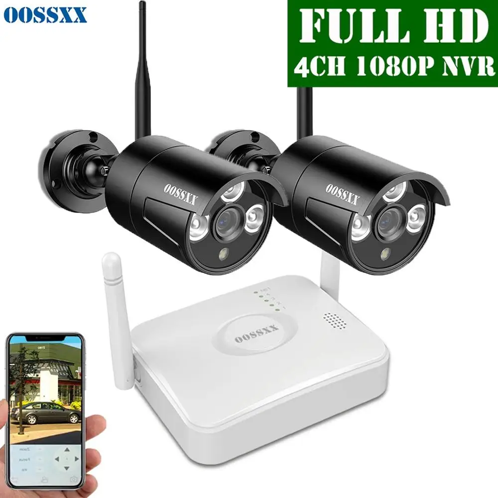 Черный OOSSXX 4CH Беспроводной NVR комплект камер видеонаблюдения 2 шт 1080P 2.0MP Крытый Открытый IP камера беспроводной связи WiFi система видеонаблюдения - Цвет: Черный