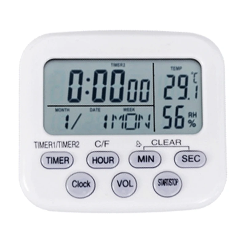 

White Timer/Thermometer/Hygrometer/Alarm Clock/Calendar Digital Electronic W3JC