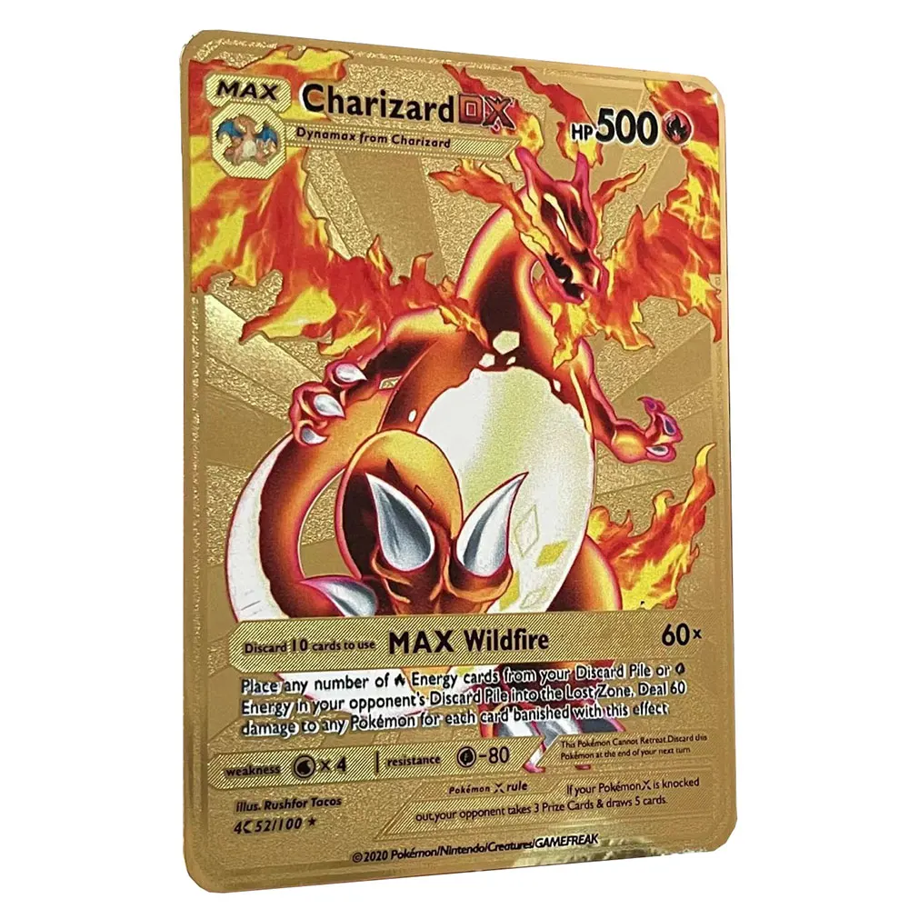 

DIY Charizard Vmax DX 500HP Golden Pokemon Cards in English Iron Metal Pokmo Letters Kids Gift Game Collection Cards Rainbow