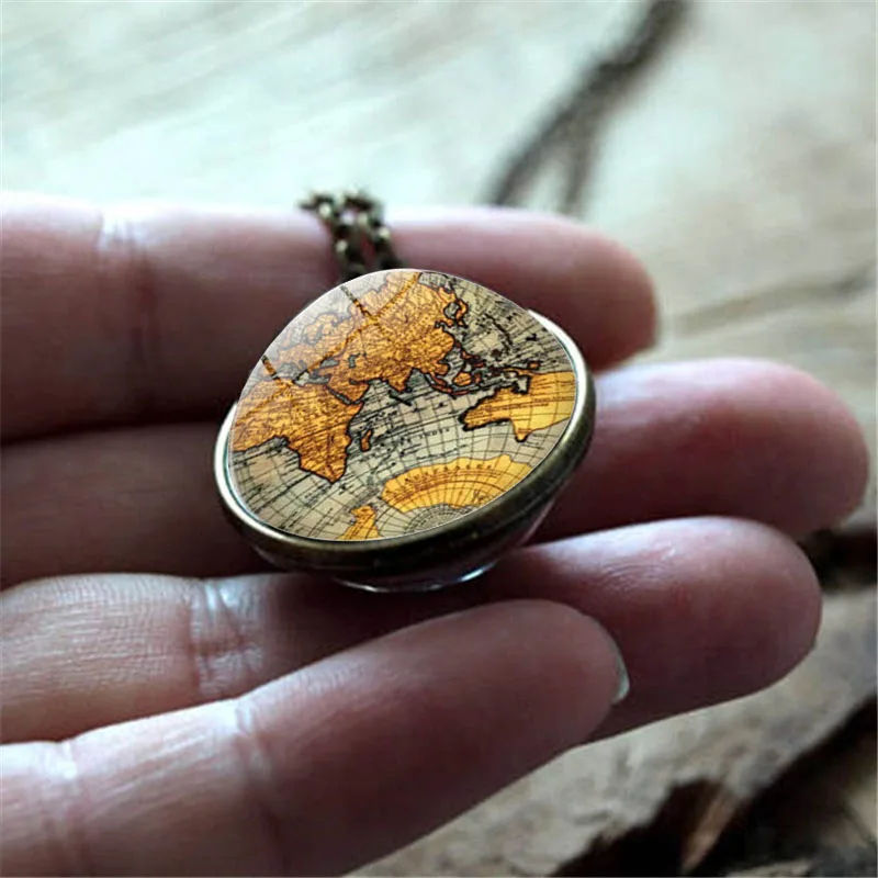 XUSHUI XJ винтажная карта мира Двусторонняя стеклянная подвеска с шариком ожерелье