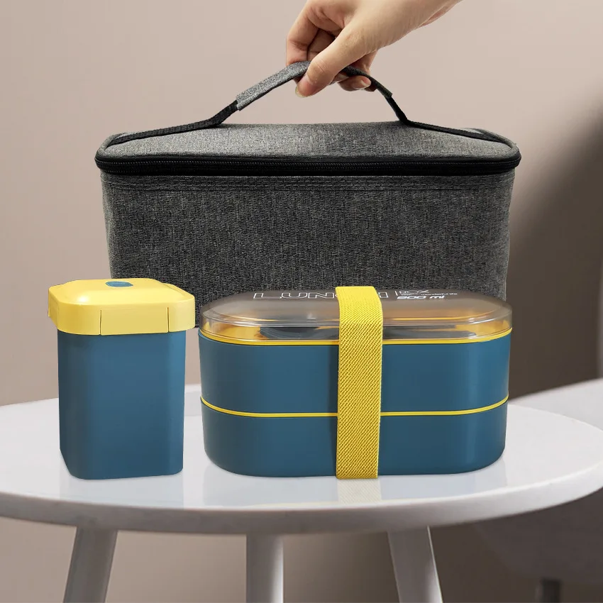 

Plastic lunch box soup cup set Student office workers double-sealed box lunch box with insulation bag
