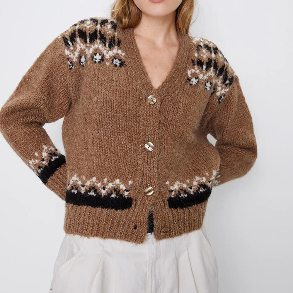 Дизайнерский женский зимний толстый вязаный кардиган пальто яркий цвет кружево