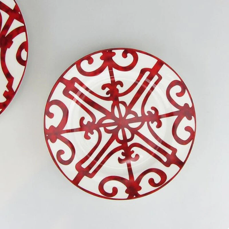 

Bone China Dinner Plate Spanish Red Grid Dish Art Design Dinnerware Sets