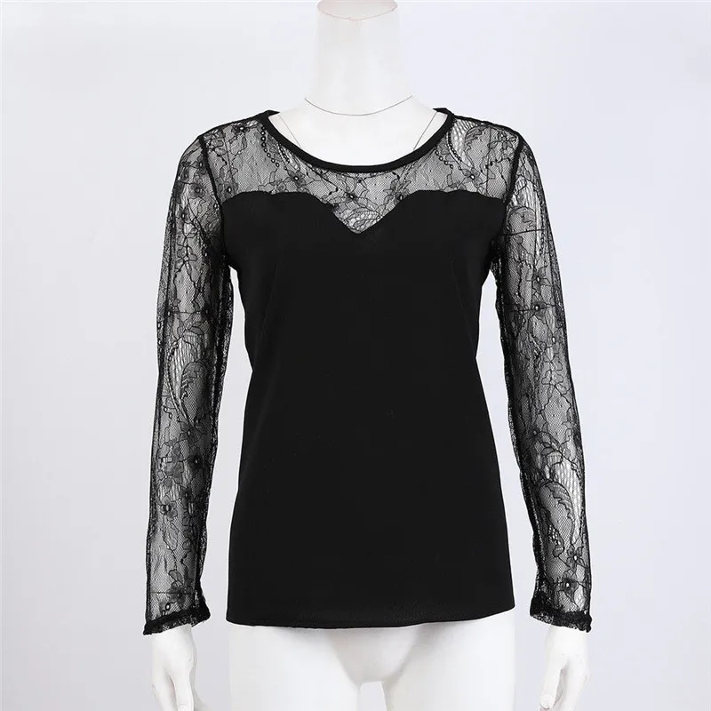 

Ladies Hollow out Round Neck Tops Women Lace Patchwork Office Blouse Crew Neck Casual Elastic Cuff Loose T-Shirt
