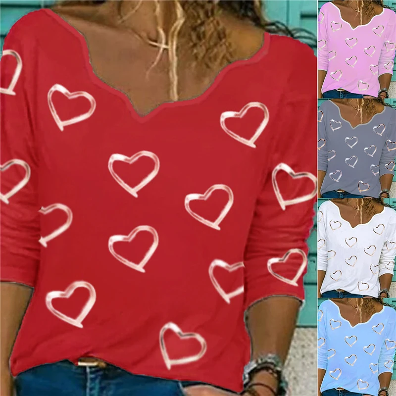 

Plus Size Blouse Women's Long Sleeve Hearts Print Shirt For Girls Lady Summer 2021 New V-neck Long Sleeve Blouse