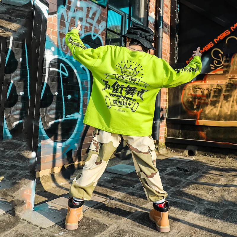 

Hip Hop Dance Costumes Kids Fluorescent Green Sweater Trousers Jazz Stage Dancing Wear Set Boys Streetwear Show Clothing DQS3172