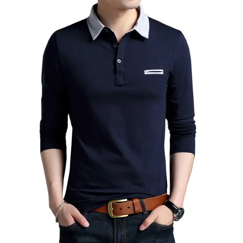 Мужская футболка поло ARCSINX однотонная хлопковая с длинным рукавом темно синего