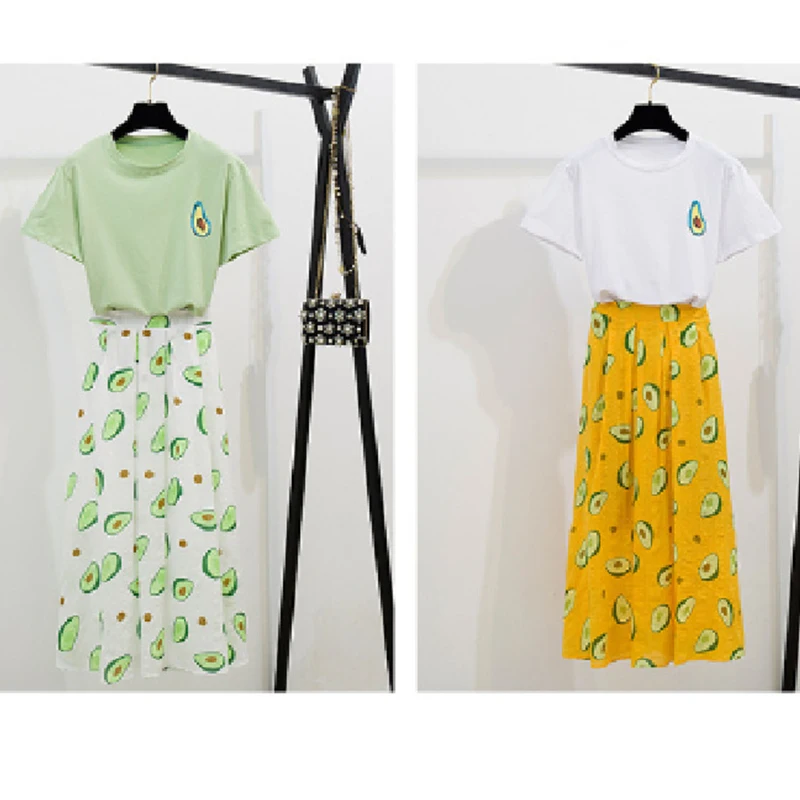 

SONDR 2021New Summer Holiday Women's Solid Short Sleeve T-Blood + Avocado Print Long Skirt Fashion Sun Skirt Two Piece set
