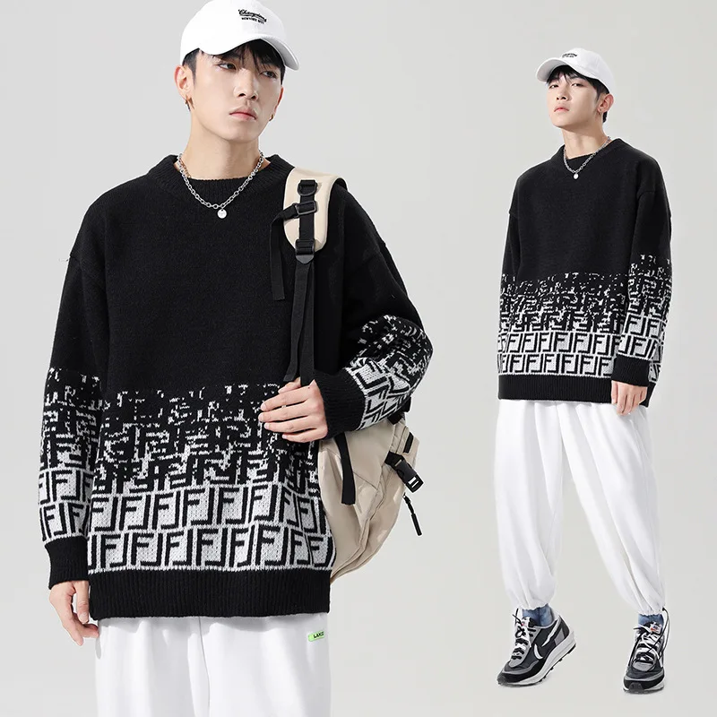 

Mens Hip Hop Streetwear Sweater Japanese Gradient Knitted Sweater Winter Pullover mens sweaters clothing korean clothes
