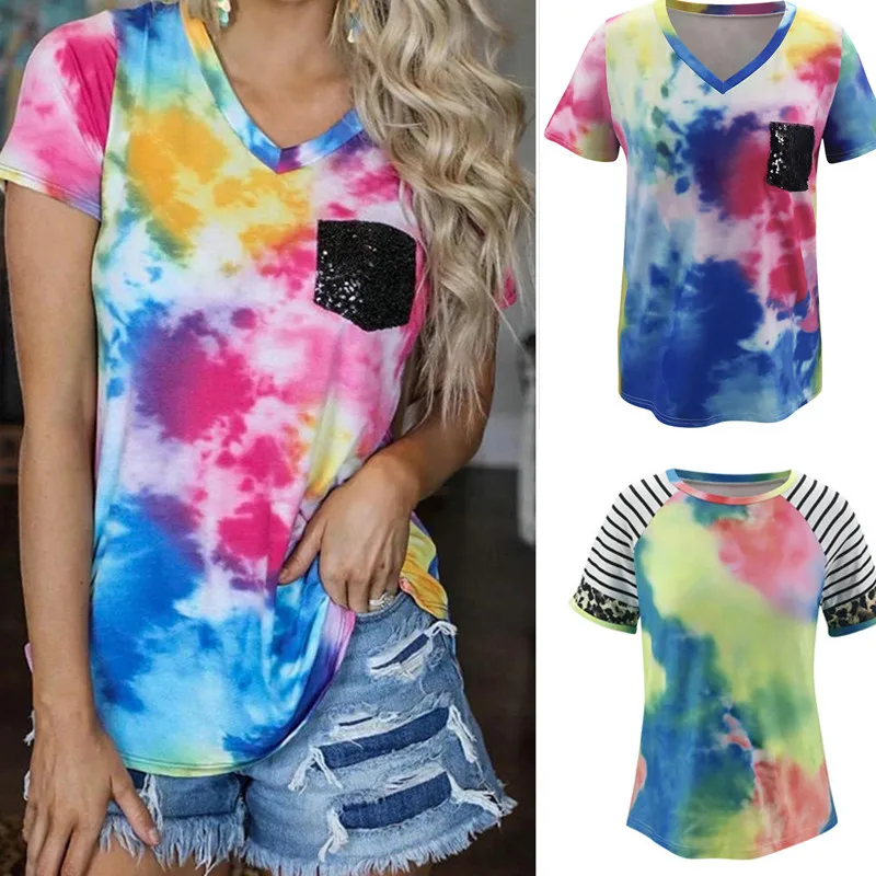 

Women Casual Tie-Dye Print T Shirt Summer V Neck Short Sleeve Harajuku Shirt Tops Tee Femme Streetwear T-shirt Camiseta Tshirt