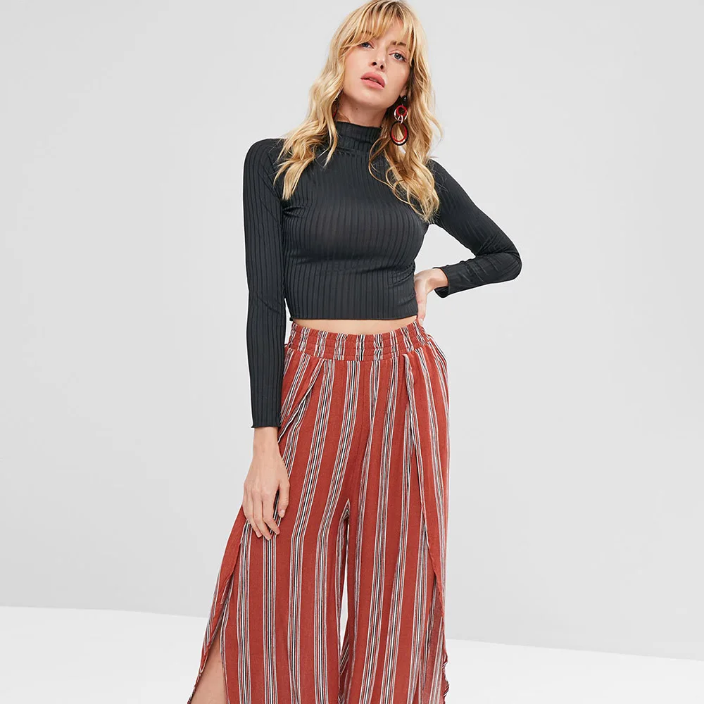 Однотонные укороченный свитер с высокой горловиной женские повседневные