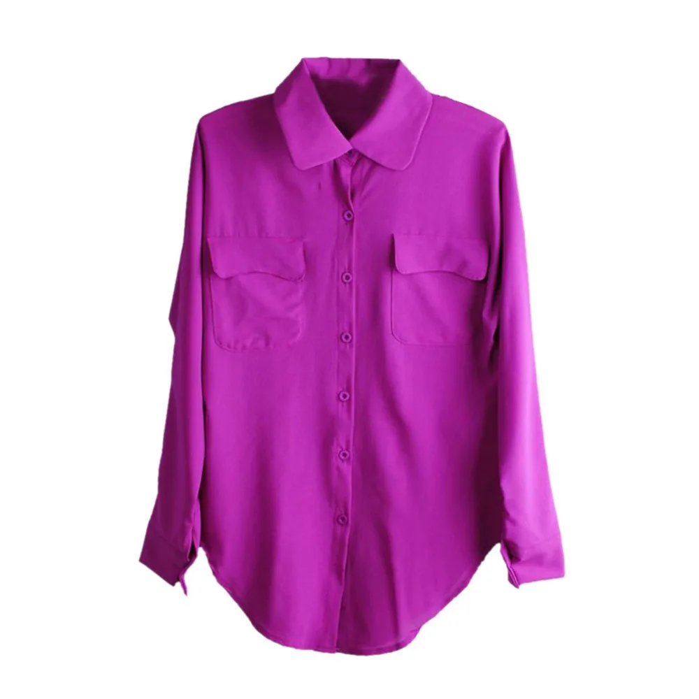 

Fashion Women Chiffon Blouse Top Pockets Long Sleeve Shirt Solid 2 Colors