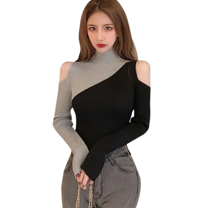 

Fashion Trend The Latest Style Loved By Young People Off-shoulder Stitching Contrast Color Knitted Bottoming Shirt