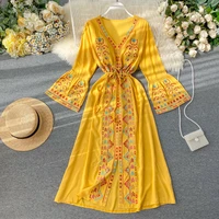 stylish lady flower embroidery printed holiday dress 2020 summer women flare sleeve v neck drawstring beach long split dress