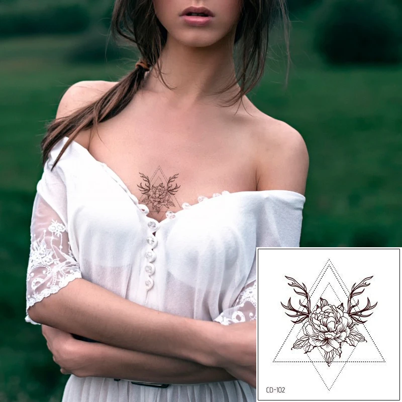 Треугольный олень Пион цветок временная татуировка наклейка для женщин грудь