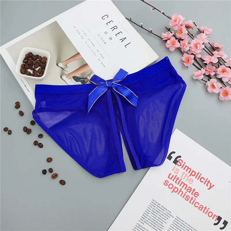 Blue Сексуальное нижнее белье с бантом на спине, трусики с вырезами для секса, ночное белье, женское эротическое нижнее белье, сетчатые трусики, интимные товары - Цвет: Blue