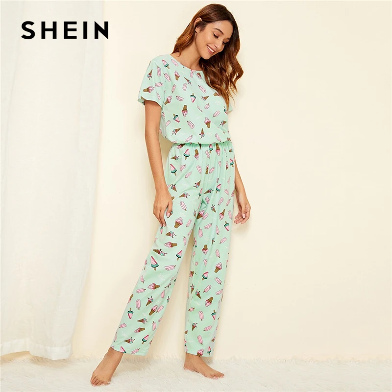 SHEIN зеленый пижамный комплект с принтом мороженого, Повседневная Пижама с короткими рукавами и длинными штанами, пижамный комплект для женщин, летняя женская пижама, пижамные комплекты