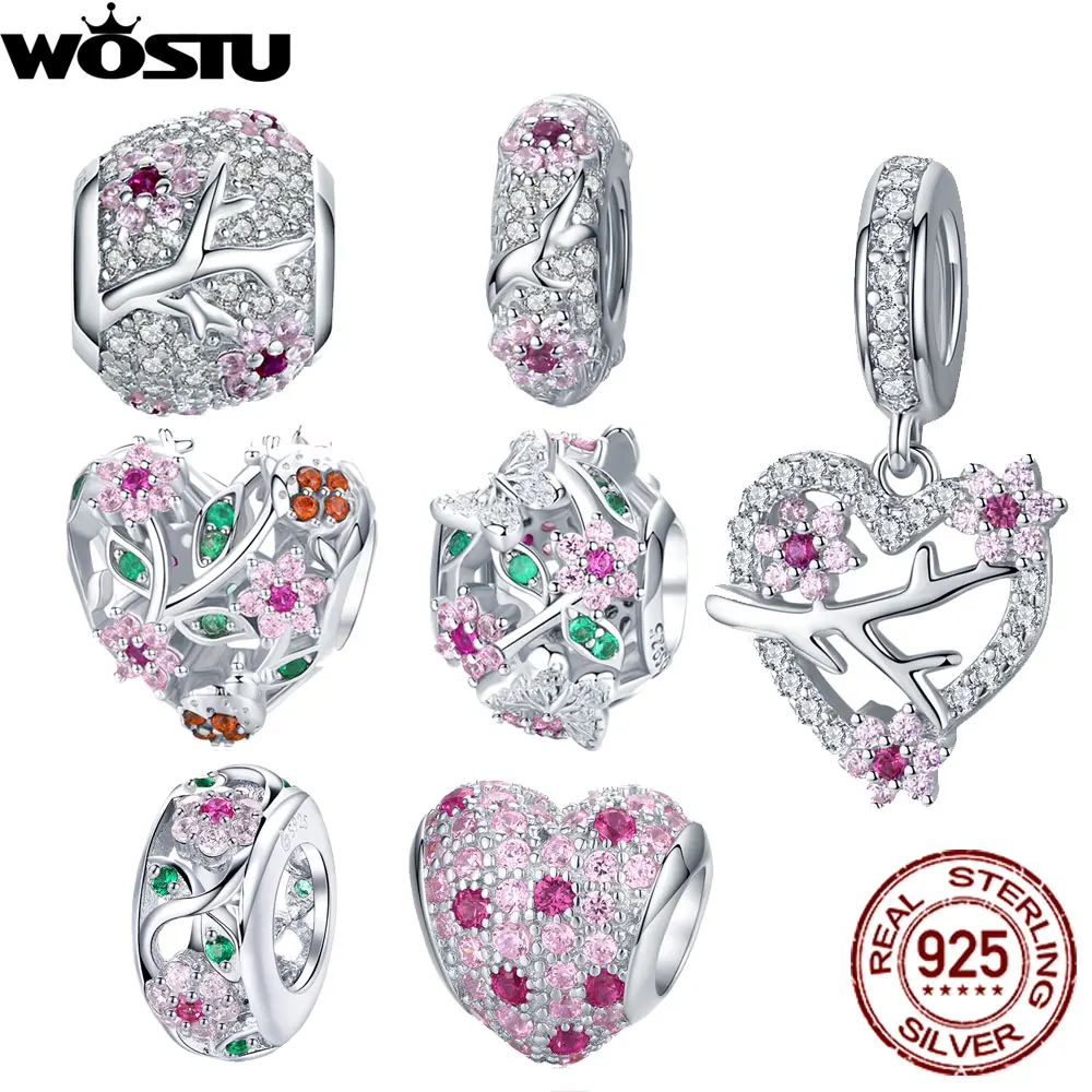 

WOSTU Genuine 925 Sterling Silver Plum Blossom Beads Flower Pink Zircon Charm Fit Original Bracelet Pendant DIY Jewelry Making