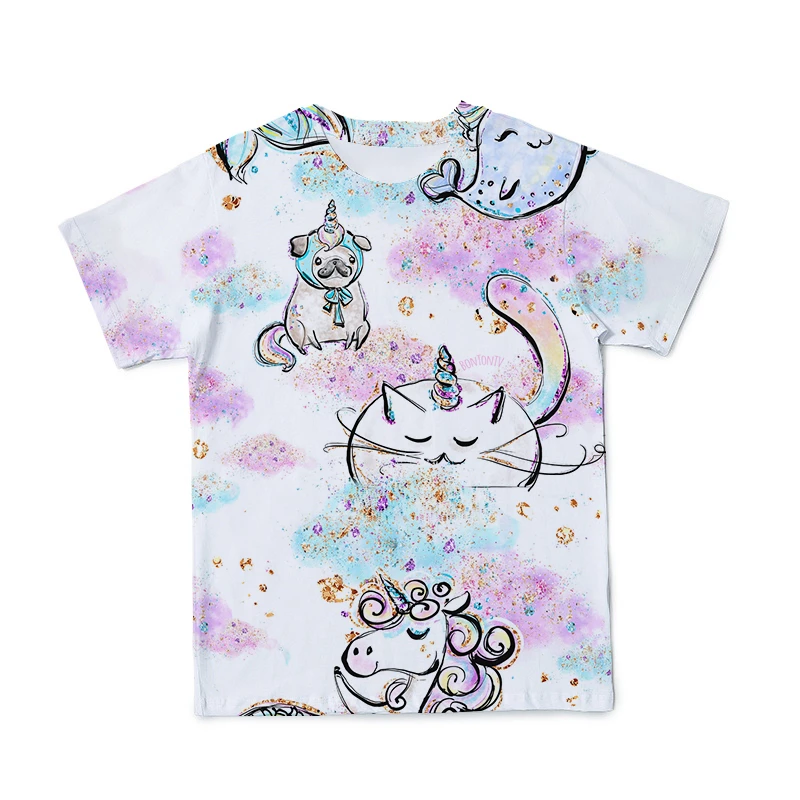 

2021 Kids Love Summer Cute Pictures Unicorn Anime 3DT Shirt Soft Thin Plain Weave O-Neck Casual Harajuku 4-14 Years Old