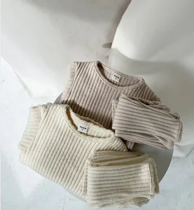 Осенне-зимняя детская одежда, корейский хлопковый Повседневный однотонный пуловер с высоким воротником, теплый вязаный костюм, комплект из 2 предметов, Свитера для мальчиков девочек