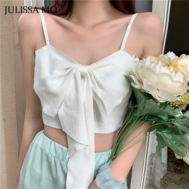 

Julissa Mo White Basic Bow Bandage Crop Top Women 2021 Summer Sleeveless Backless Camis Sexy Spaghetti Strap Fashion Top Female