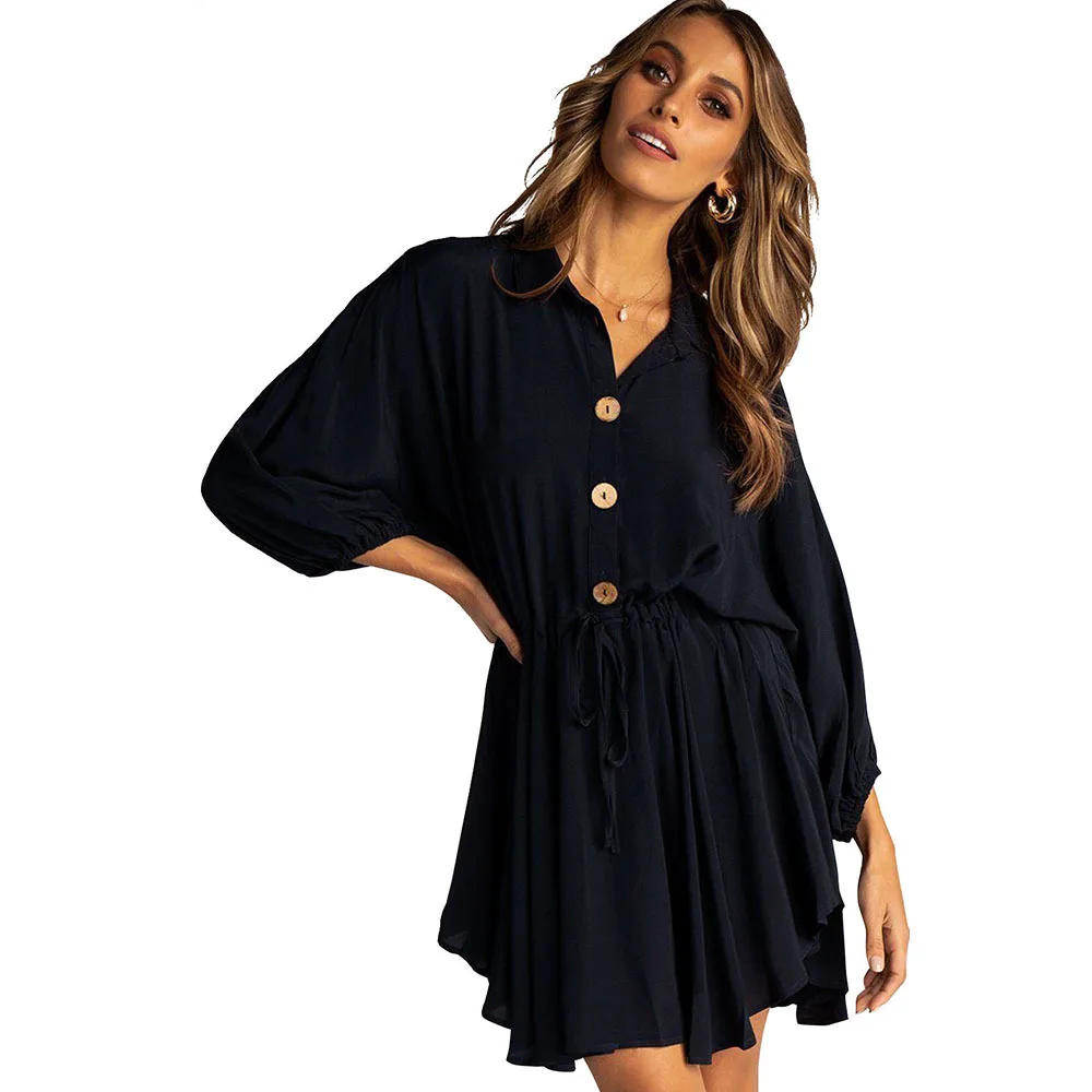 Осеннее Новое тонкое платье средней талии с рукавом фонариком 2019 женское летнее