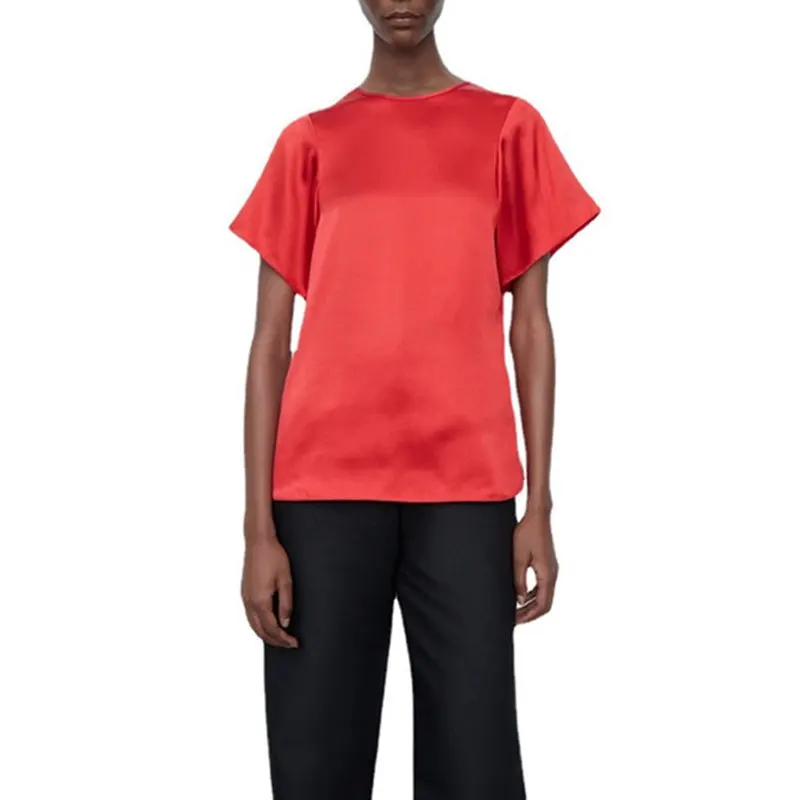 

Новинка лета 2021, Классическая сатиновая Свободная Повседневная Однотонная футболка с круглым вырезом и коротким рукавом, на молнии сзади