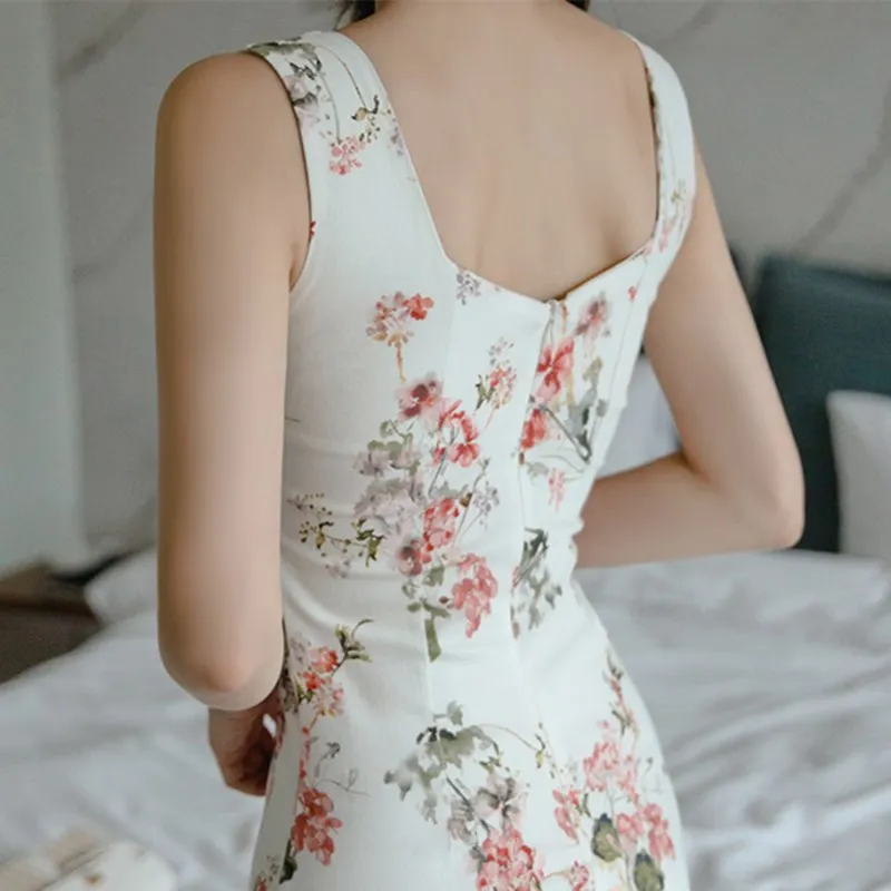 

Summer Floral Print Dress Female Fashion Strap Sleeveless Elegant Slim Mini Vestidos Women Square Collar Casual Bodycon Dress