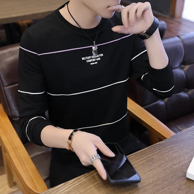 

2019 spring two-color stitching long-sleeved t-shirt round neck embroidery