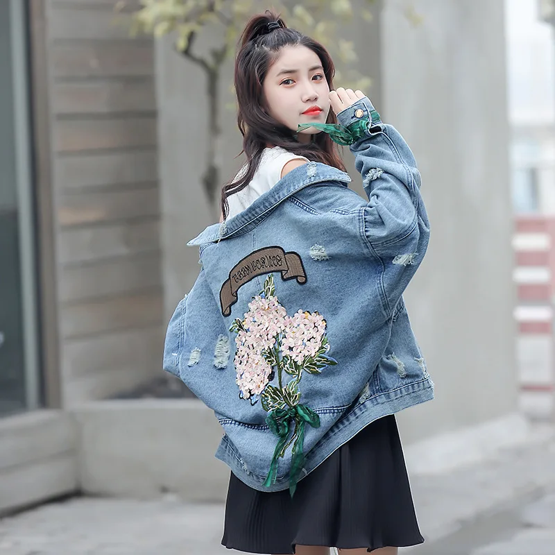 Женская джинсовая куртка повседневные плотные джинсы с карманами и вышивкой 3D