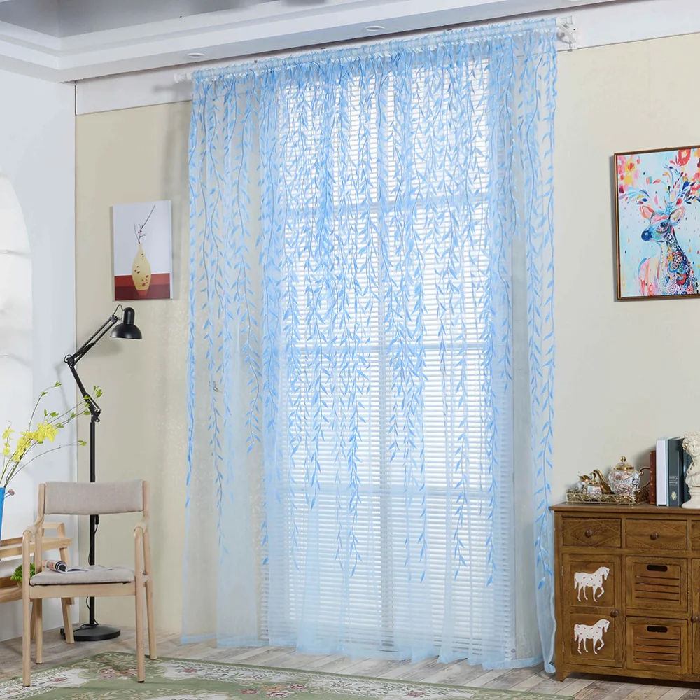 

Willow Leaves Printed Window Shade Window Drape Valances Curtain Transparent Tulle Window Sheer Screen For Balcony Bedroom 100X2