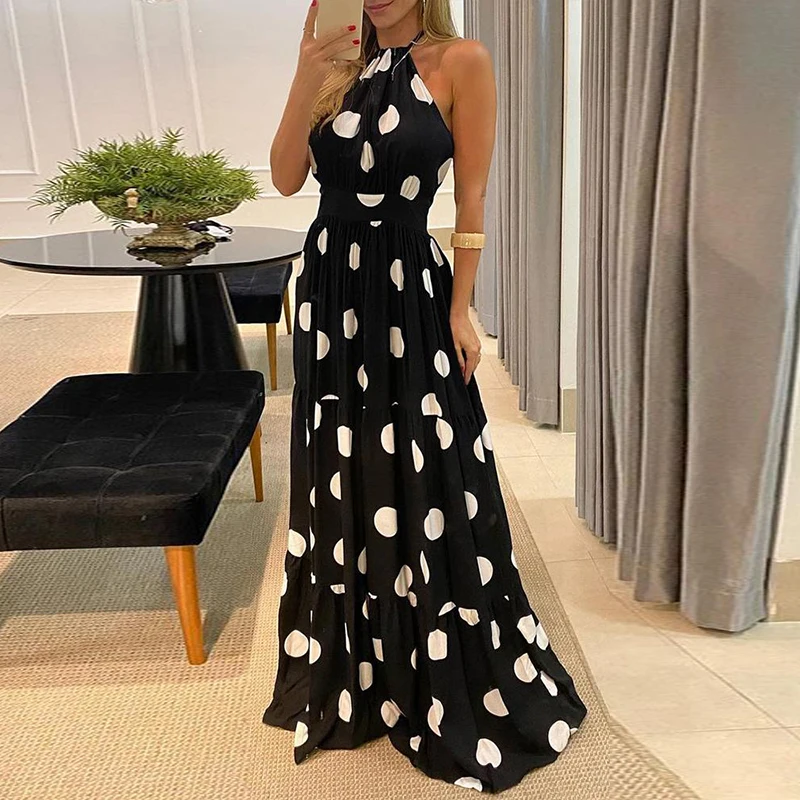 

Bohemian Women Floor-Length Dress Sexy Lady Neck-Mounted Hollow Out Dress Summer Female Sleeveless Print Party Dress High Waist