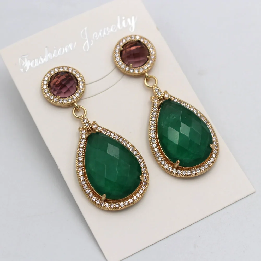 

1pair Natural Stone Earrings CZ Paved Green Jade Elegant Hanging Drops Bridal Dangle Earrings for Women Prom Wedding Jewelry