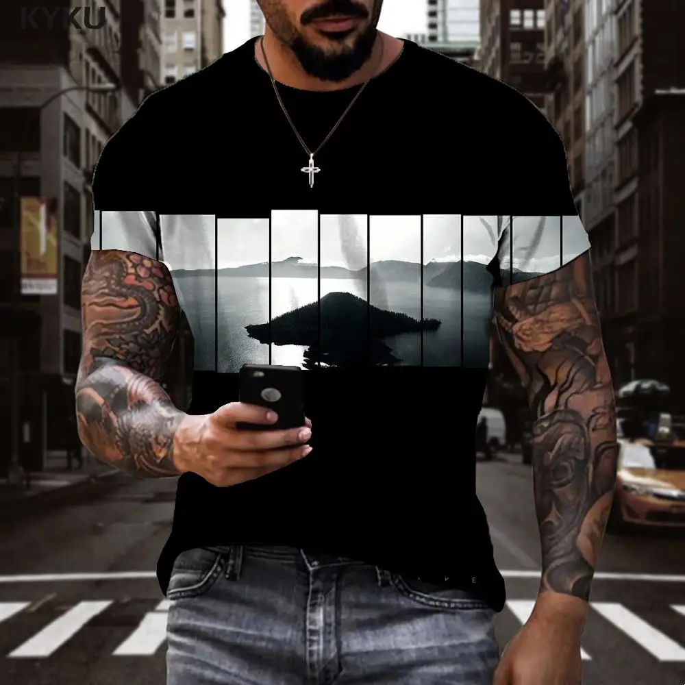 

KYKU Brand Landscape T shirt Men Ocean Anime Clothes Art T-shirts 3d Harajuku Tshirts Casual Mens Clothing Punk Rock Casual Tops