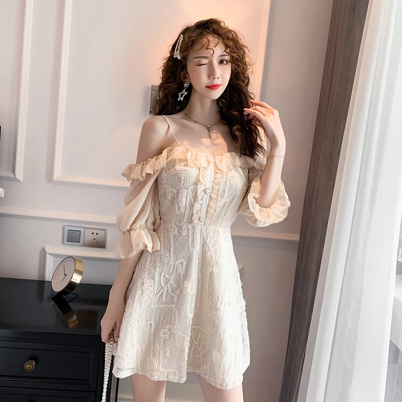 

COIGARSAM Patchwork Women one-piece dress korean Spring Summer Lace Chiffon Slash neck Spaghetti Strap Dresses Apricot 8737